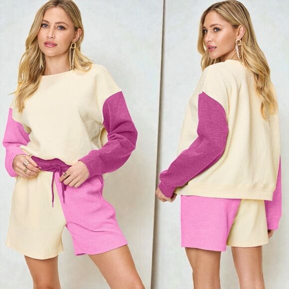 Pink Contrast Color Block Long Sleeve Top & Shorts Lounge Set NWT - Picture 2 of 14